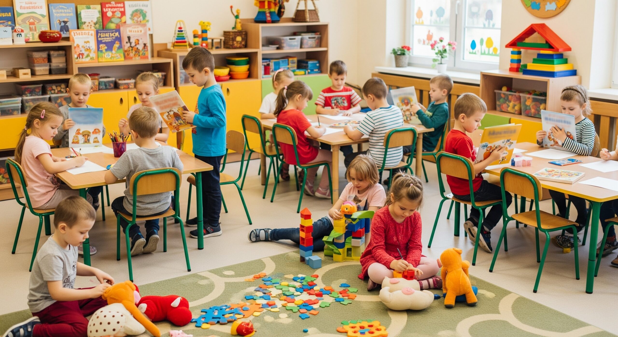 Sala przedszkolna - dzieci bawią się na ziemi, niektóre przy stołach kolorują lub czytają książki