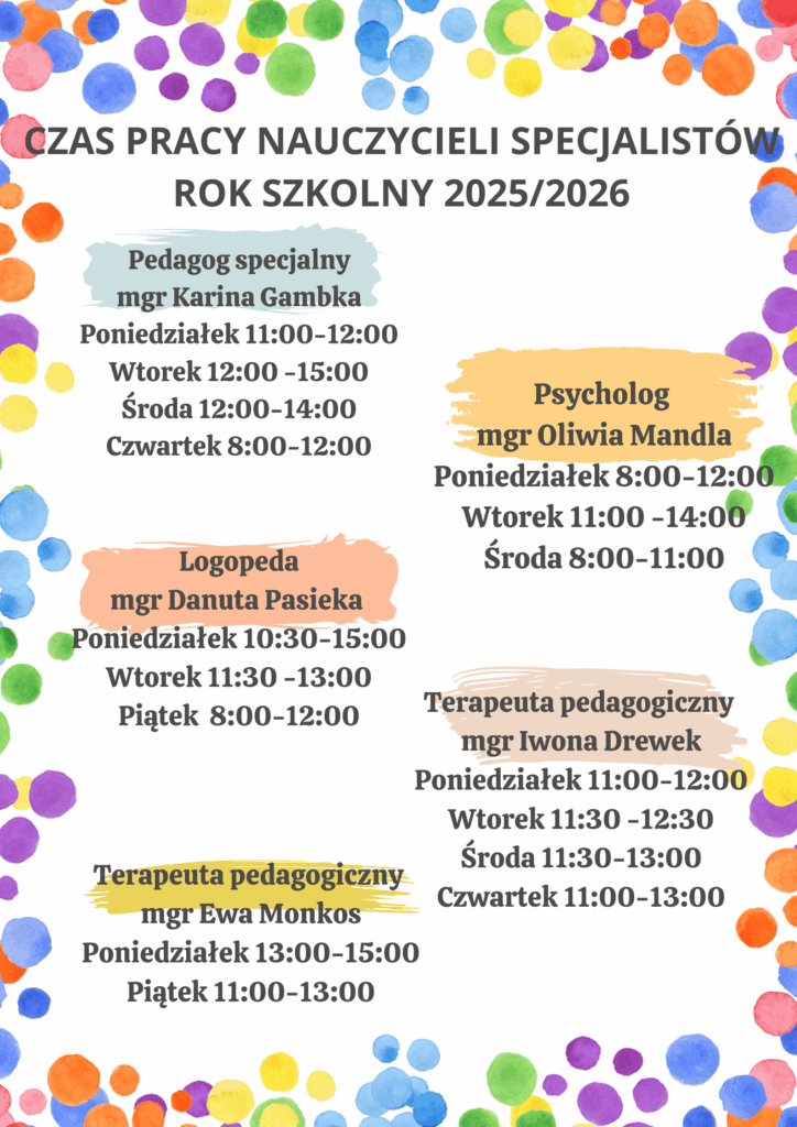 Rozpiska pracy specjalistów w przedszkolu