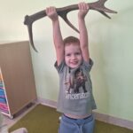 Dziecko z zaciekawieniem ogląda poroże jelenia