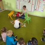 Zabawa w przypinanie klamerką skarpetek według określonego schematu pokazanego na obrazku