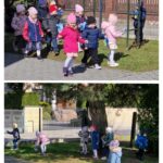 Dzieci z grupy Krasnoludki w trakcie poszukiwania zajączka wielkanocnego.