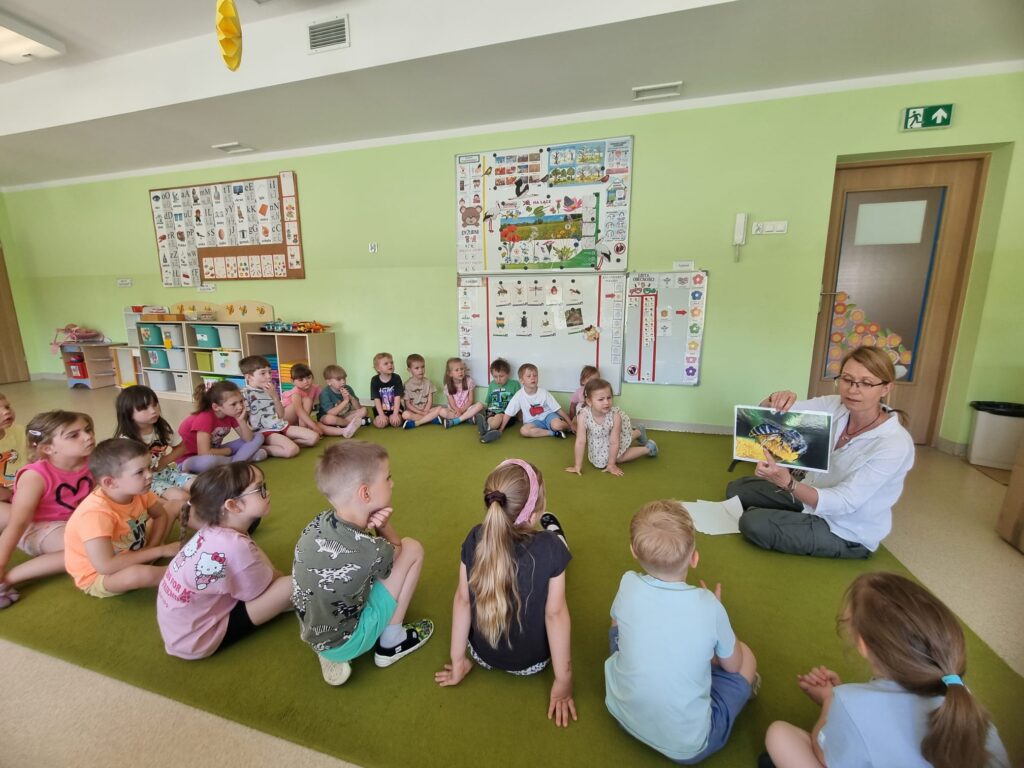 Dzieci oglądają okazy owadów.