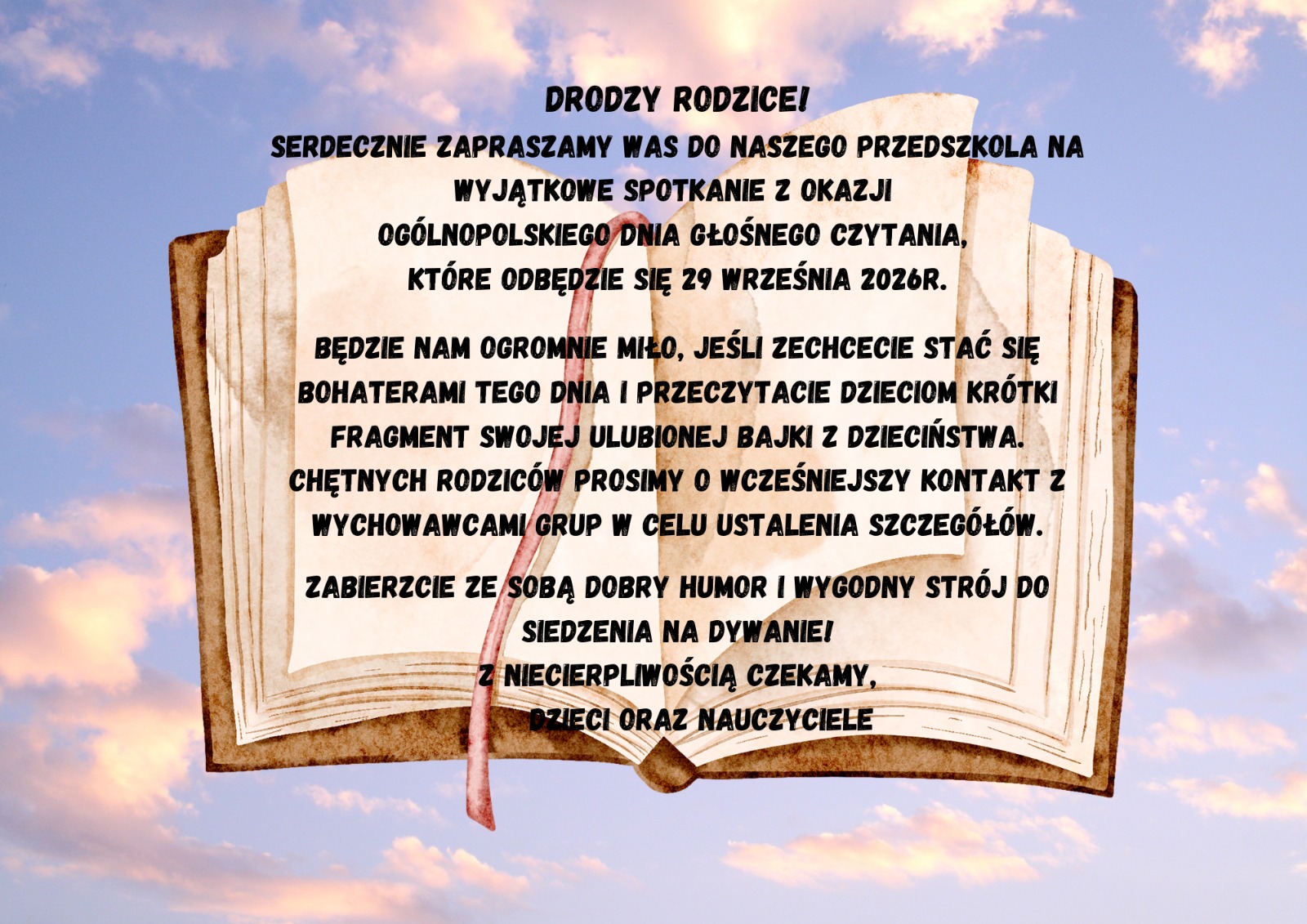 Zaproszenie dla rodziców na Ogólnopolski Dzień głośnego czytania.